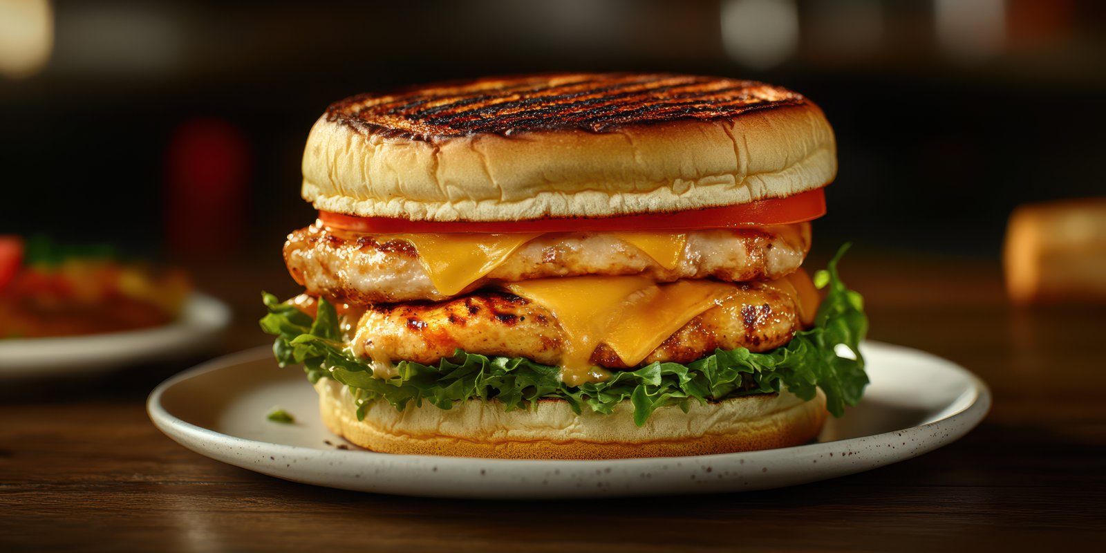 Delicious grilled chicken sandwich with cheese, lettuce, and tomato served on a toasted bun